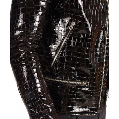 Mens Black Patent Croc Embossed Effect Motorcycle Biker Leather Jacket