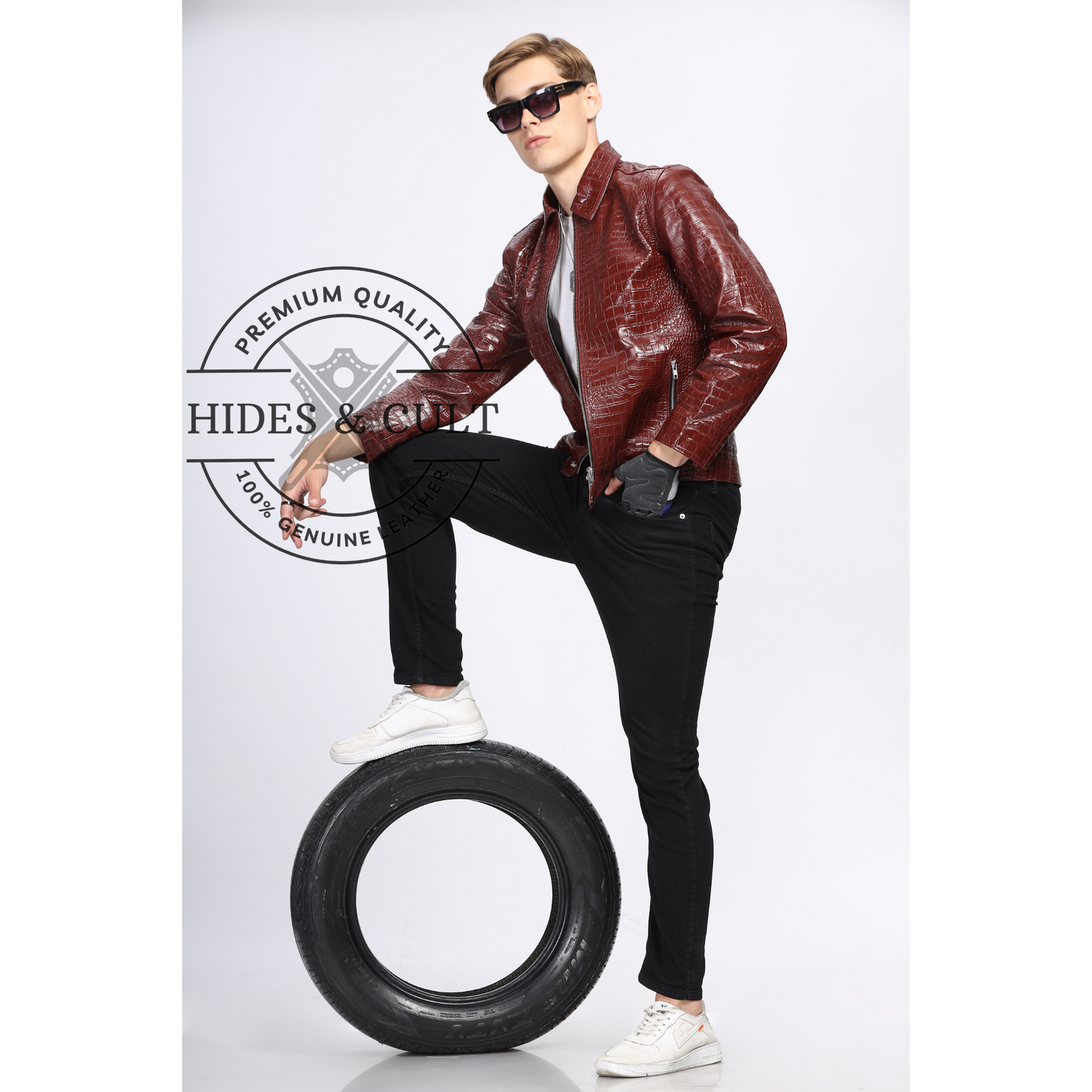 Mens Maroon Croc Detail Leather Jacket