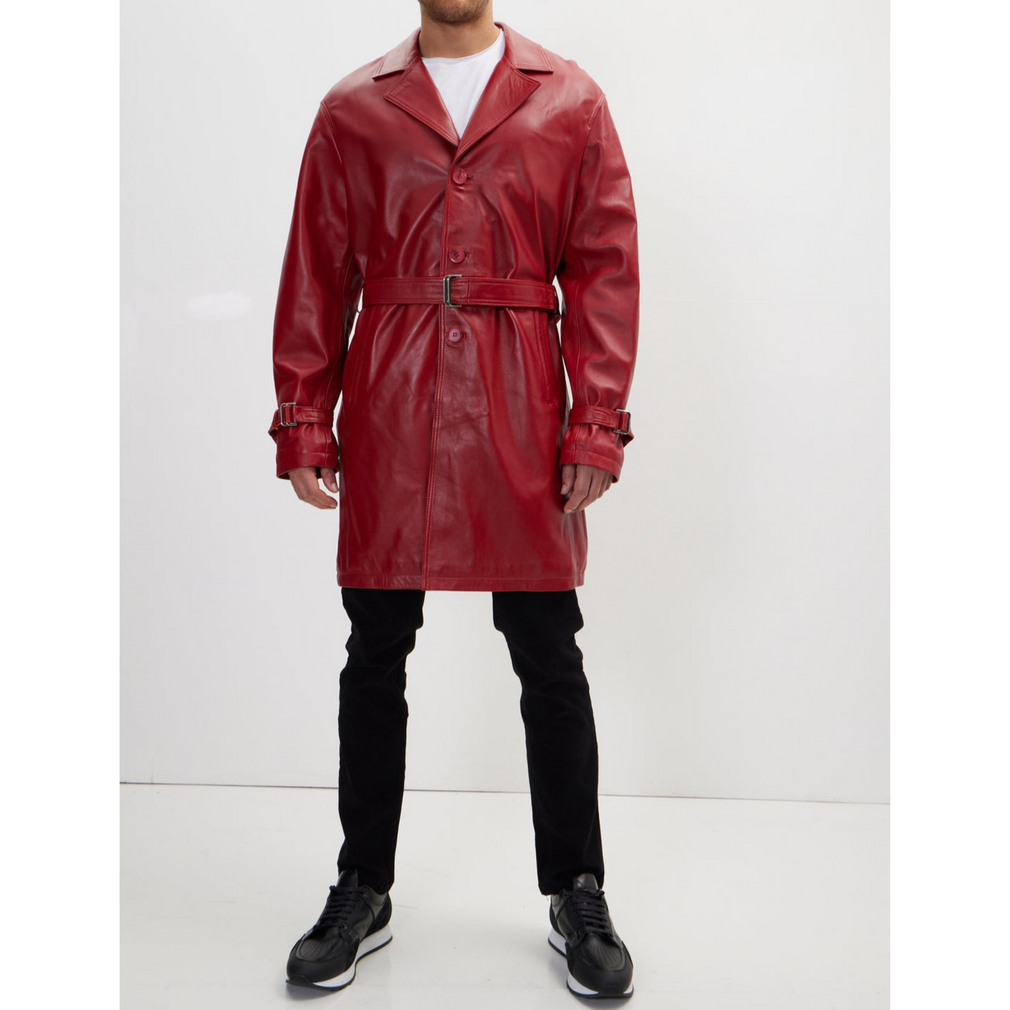 Men's Red Belted Genuine Leather Trench Coat