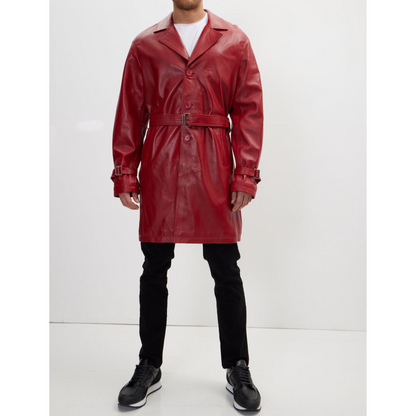 Men's Red Belted Genuine Leather Trench Coat