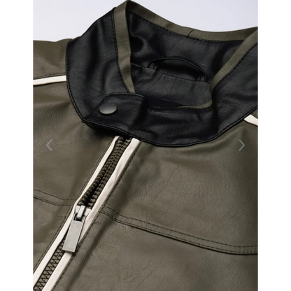Mens Olive Green Color Blocked Leather Jacket