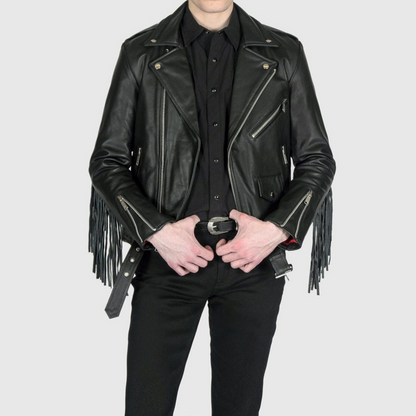 Mens Black Fringed Slim Fit Motorcycle Biker Belted Leather Jacket