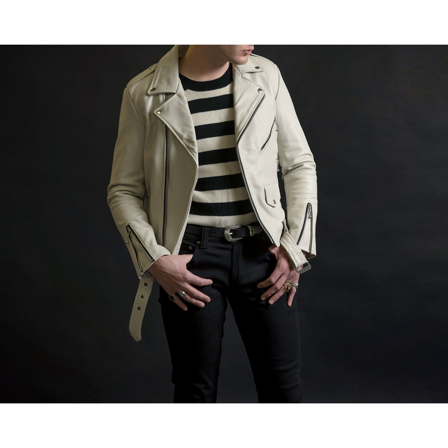 Mens Off-White Slim Fit Motorcycle Biker Belted Leather Jacket