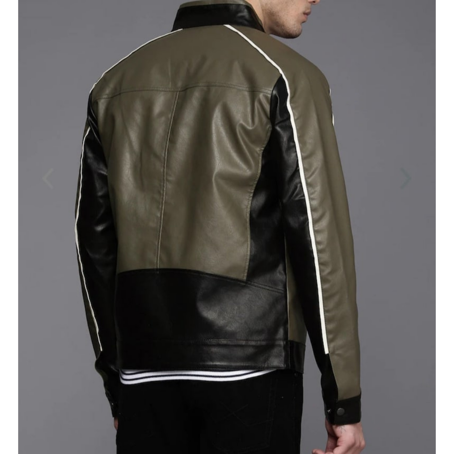 Mens Olive Green Color Blocked Leather Jacket