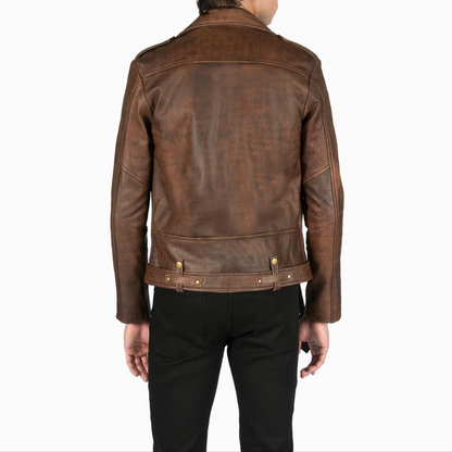 Mens Vintage Brown Slim Fit Motorcycle Cycle Belted Leather Jacket