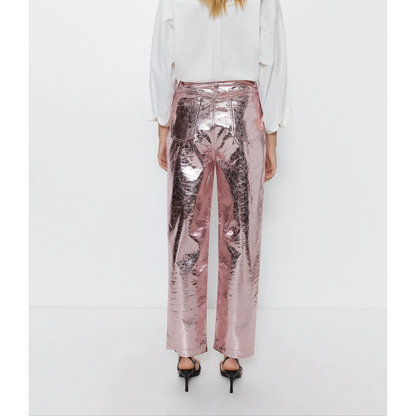 Women's Pink Crackle Metallic Foil Straight Leg Western Leather Pants