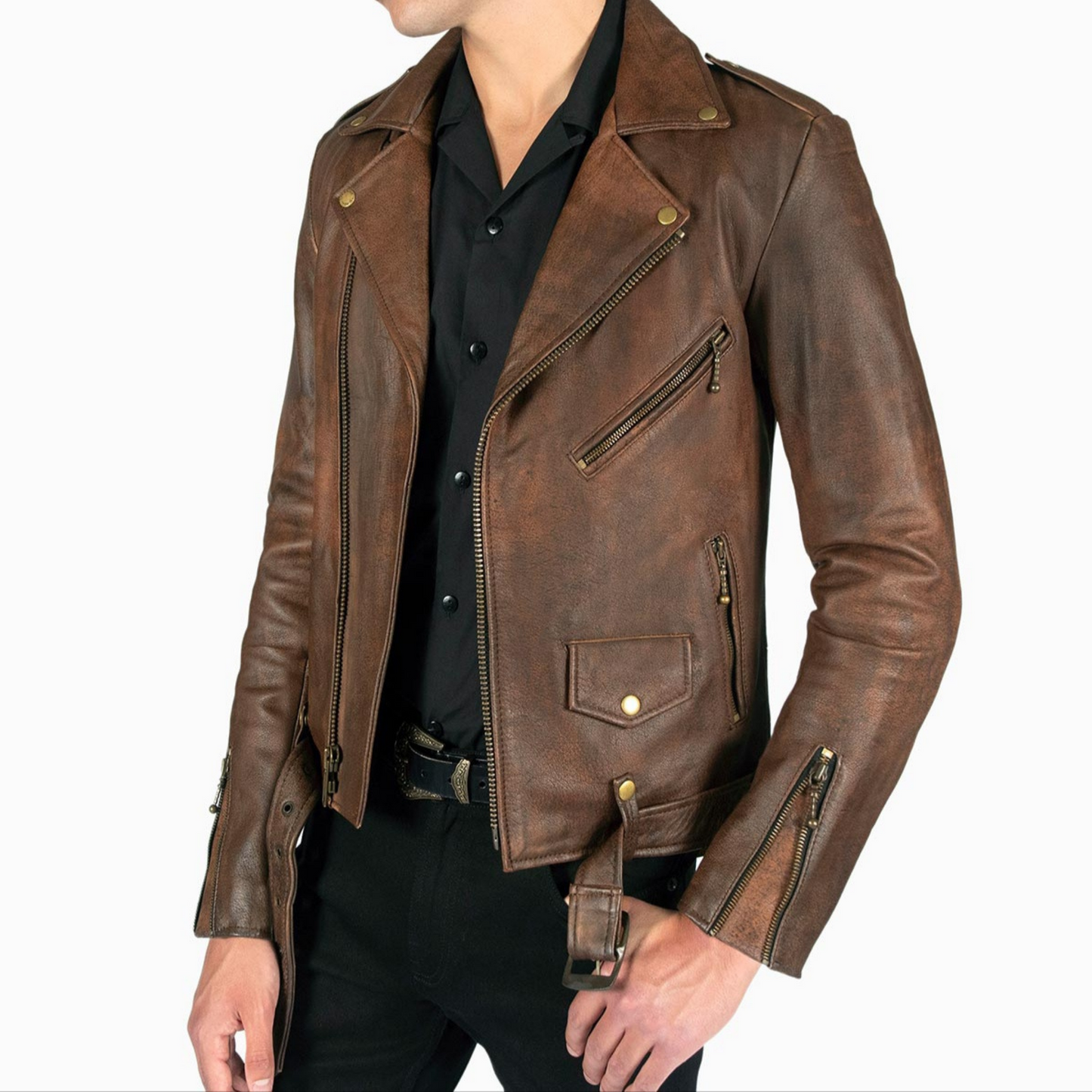 Mens Vintage Brown Slim Fit Motorcycle Cycle Belted Leather Jacket