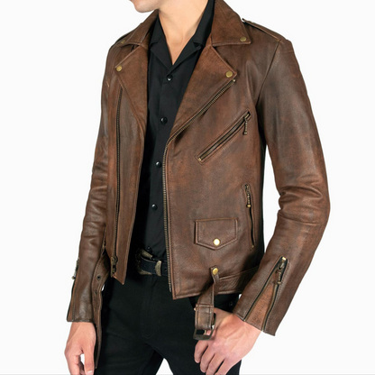 Mens Vintage Brown Slim Fit Motorcycle Cycle Belted Leather Jacket