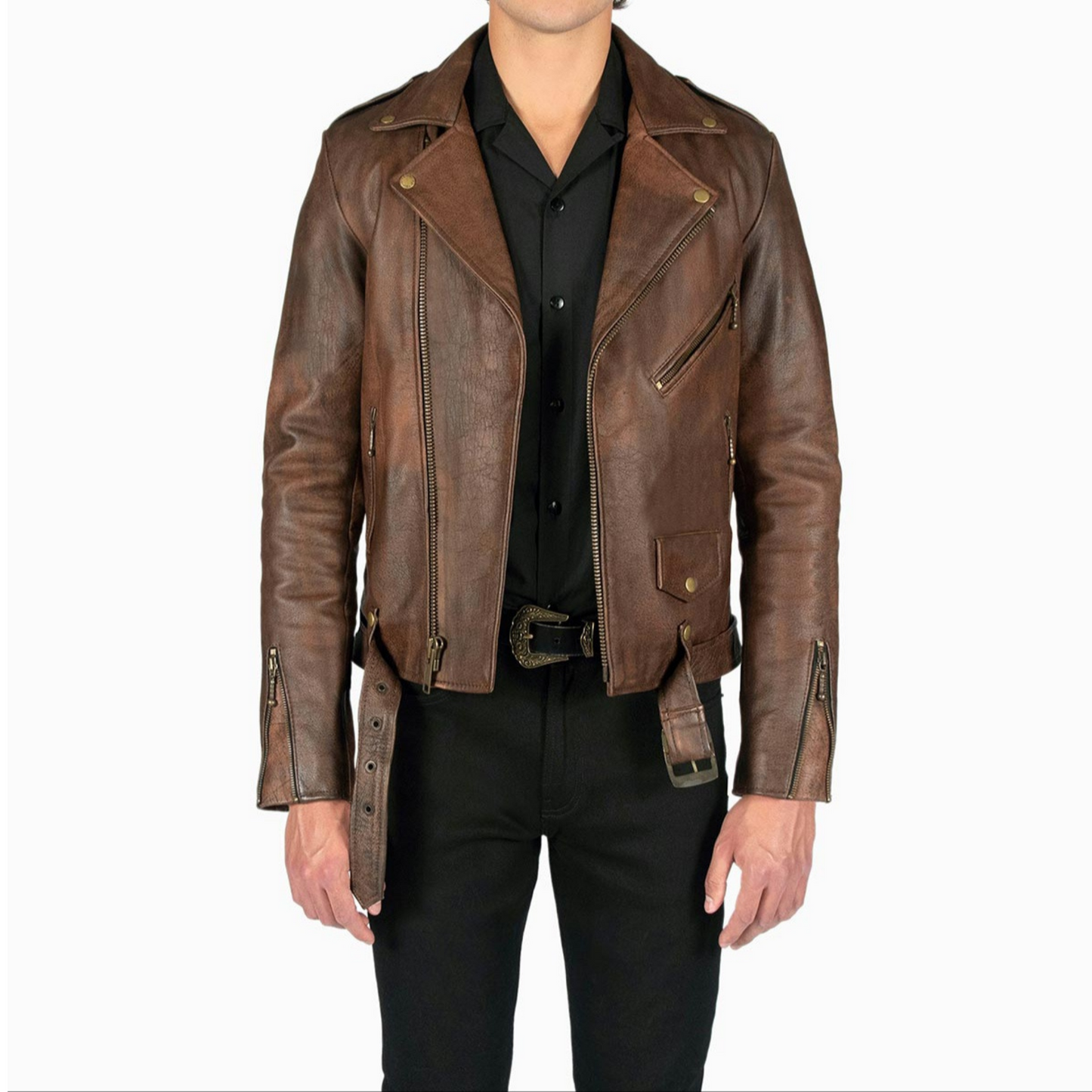 Mens Vintage Brown Slim Fit Motorcycle Cycle Belted Leather Jacket