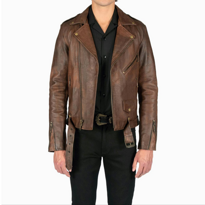 Mens Vintage Brown Slim Fit Motorcycle Cycle Belted Leather Jacket