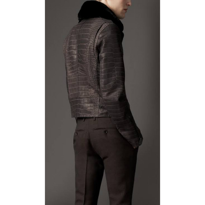 Mens Brown Croc Embossed Effect Real Lambskin Furr Collar Leather Jacket