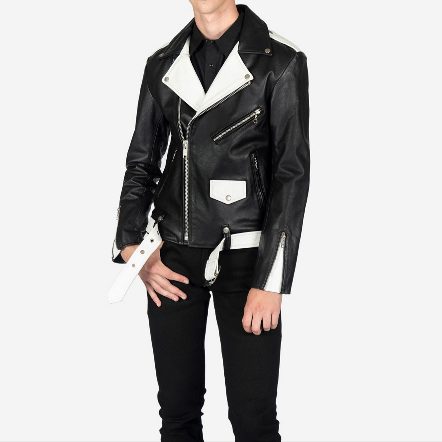 Men's Black - White Two Tone Slim Fit Motorcycle Biker Belted Leather Jacket
