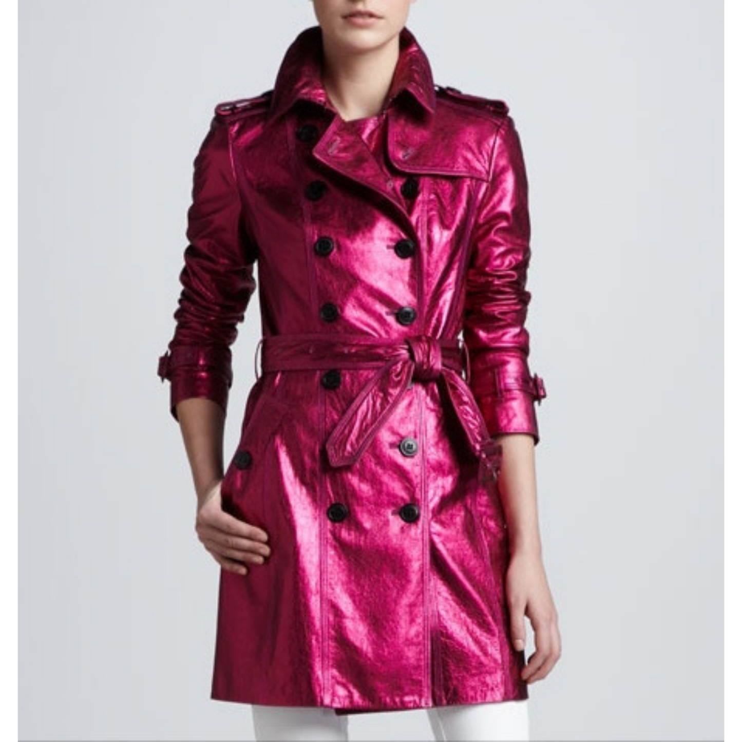 Womens Fuchsia Pink Metallic Foil Effect Double Breasted Real Leather Trench Coat