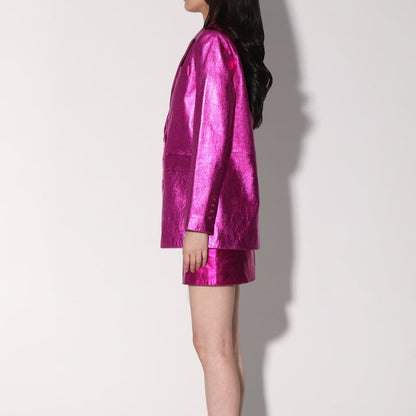 Women's Fuchsia Pink Metallic Foil Leather Blazer