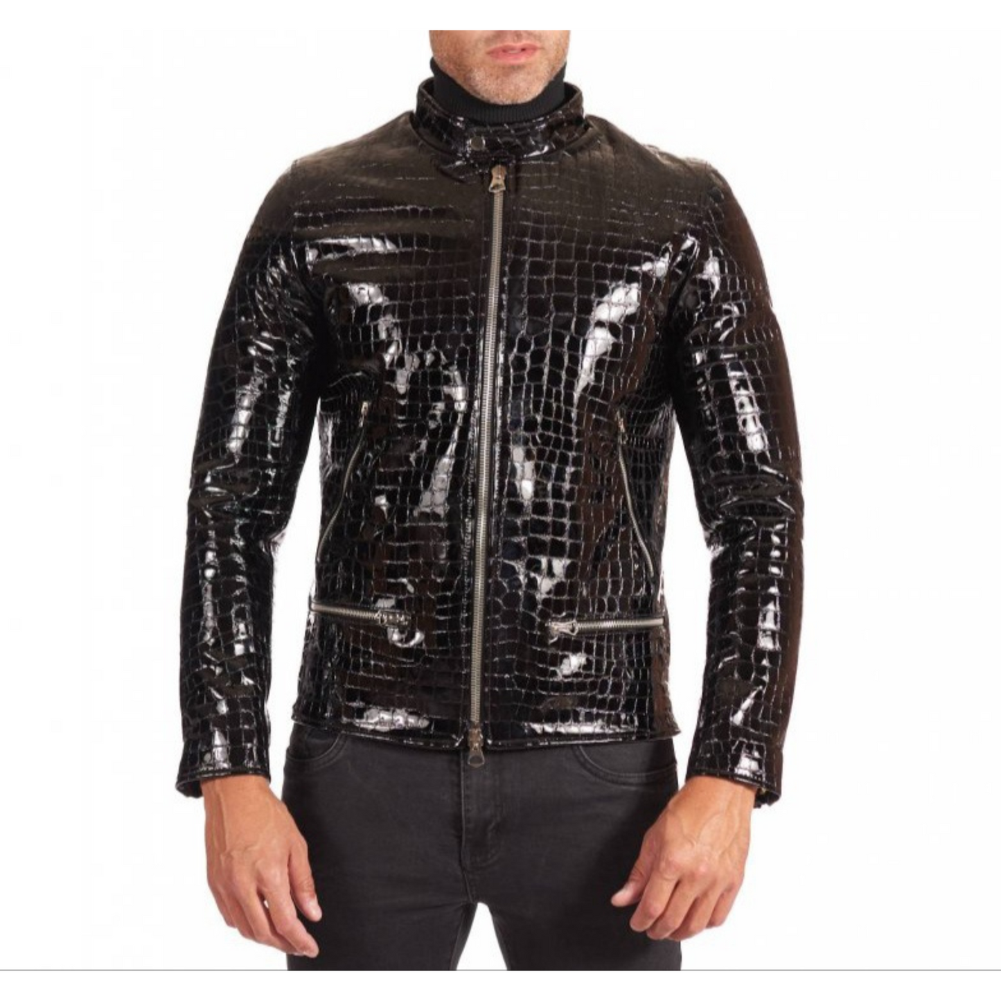 Mens Black Patent Croc Embossed Effect Motorcycle Biker Leather Jacket