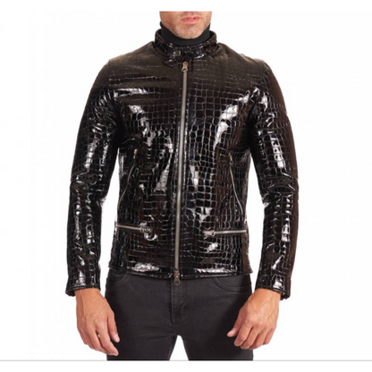 Mens Black Patent Croc Embossed Effect Motorcycle Biker Leather Jacket