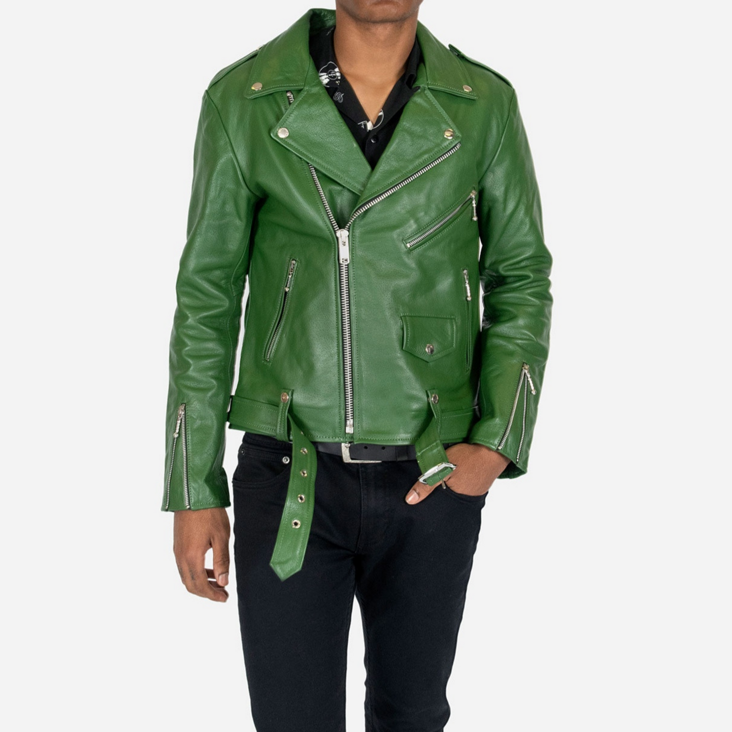 Mens Cactus Green Slim Fit Motorcycle Biker Belted Leather Jacket