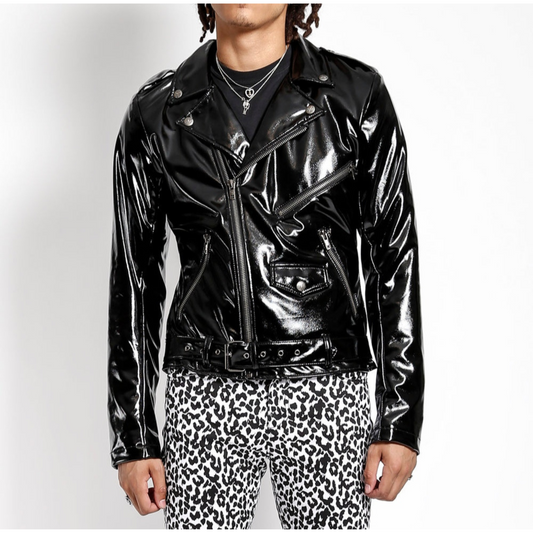 Mens Black Patent Effect Motorcycle Biker Leather Jacket