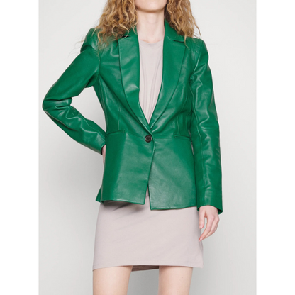Women's Green Single Buttoned Genuine Leather Blazer