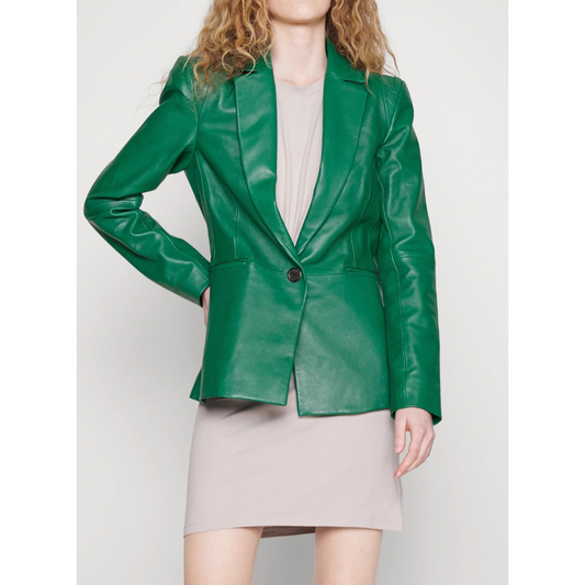 Women's Green Single Buttoned Genuine Leather Blazer