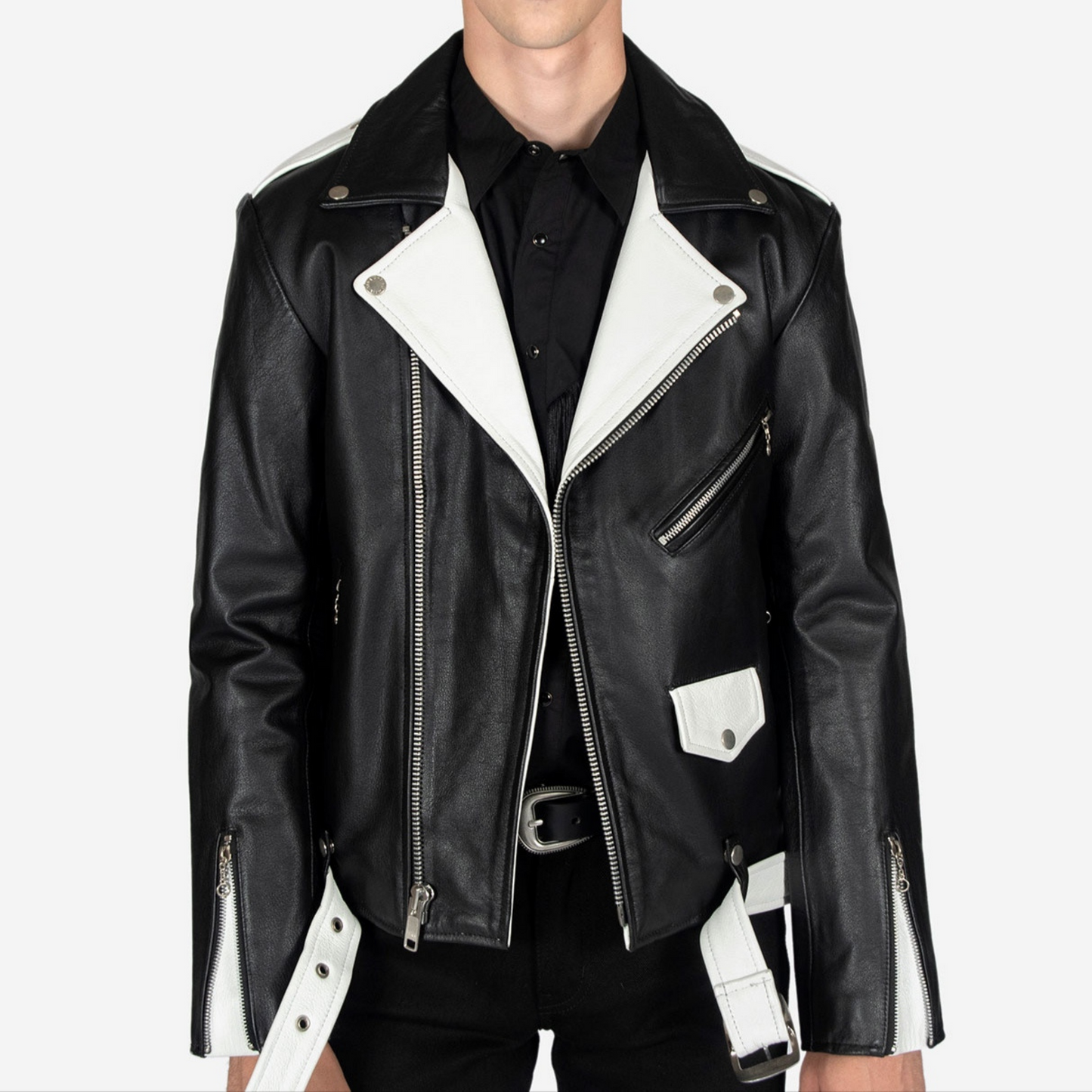 Men's Black - White Two Tone Slim Fit Motorcycle Biker Belted Leather Jacket