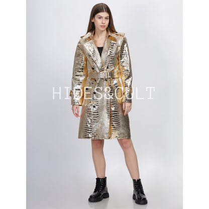 Womens Gold Metallic Foil Croc Embossed Effect Double Breasted Genuine Leather Trench Coat