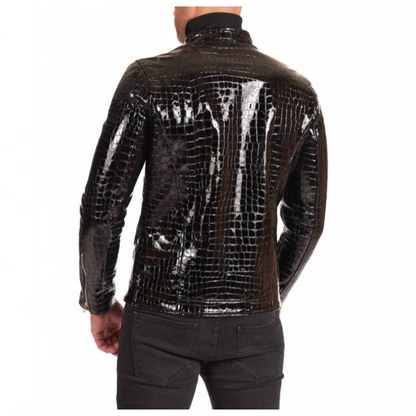 Mens Black Patent Croc Embossed Effect Motorcycle Biker Leather Jacket