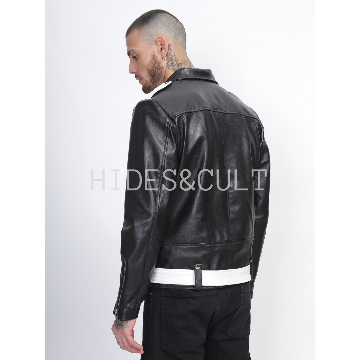 Men's Black - White Two Tone Slim Fit Motorcycle Biker Belted Leather Jacket