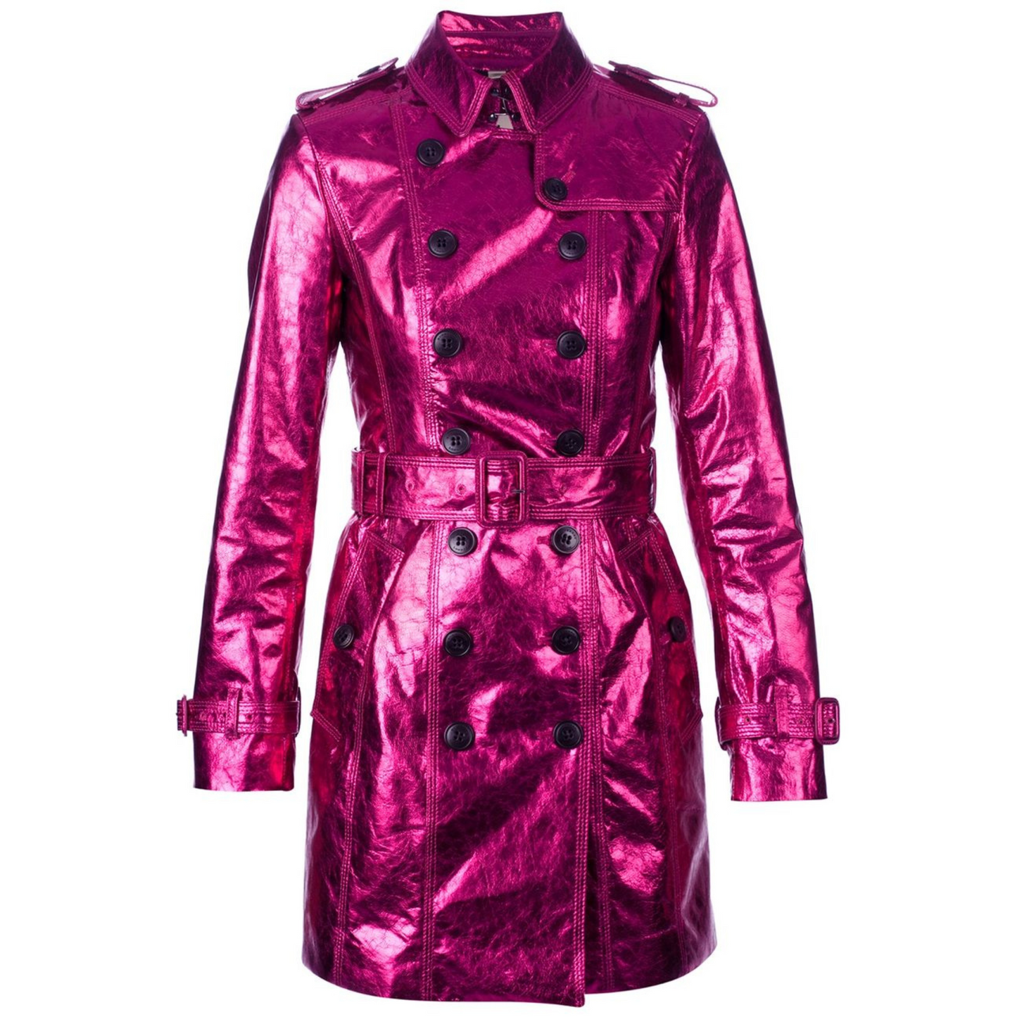 Womens Fuchsia Pink Metallic Foil Effect Double Breasted Real Leather Trench Coat