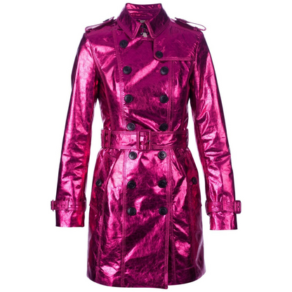 Womens Fuchsia Pink Metallic Foil Effect Double Breasted Real Leather Trench Coat