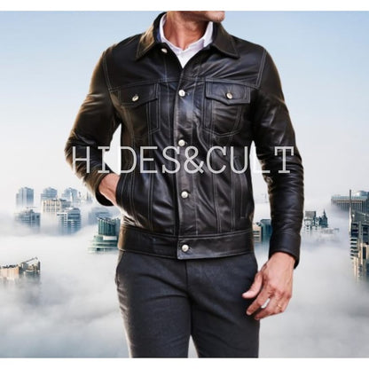 Men's Royal Blue Slim Fit Denim Trucker Leather Jacket
