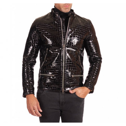 Mens Black Patent Croc Embossed Effect Motorcycle Biker Leather Jacket