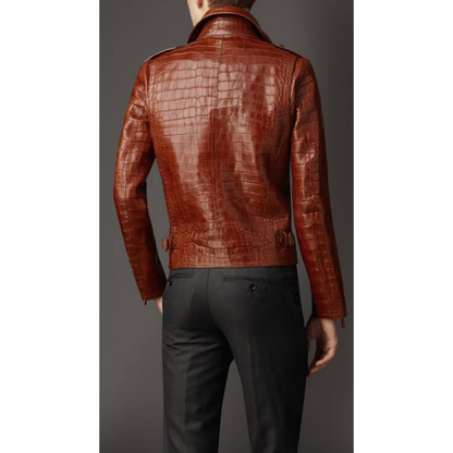 Mens Vintage Tan Brown Croc Embossed Effect Leather Jacket