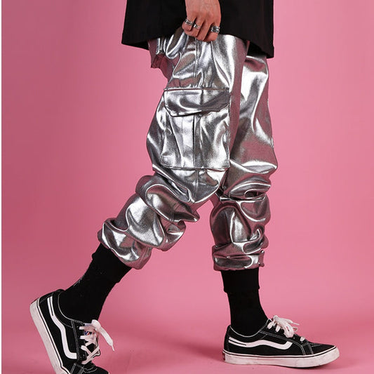 Men's Silver Metallic Foil Cargo Jogger Leather Pants