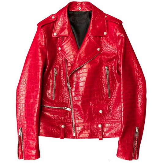 Mens Red Croc Embossed Effect Motorcycle Biker Leather Jacket
