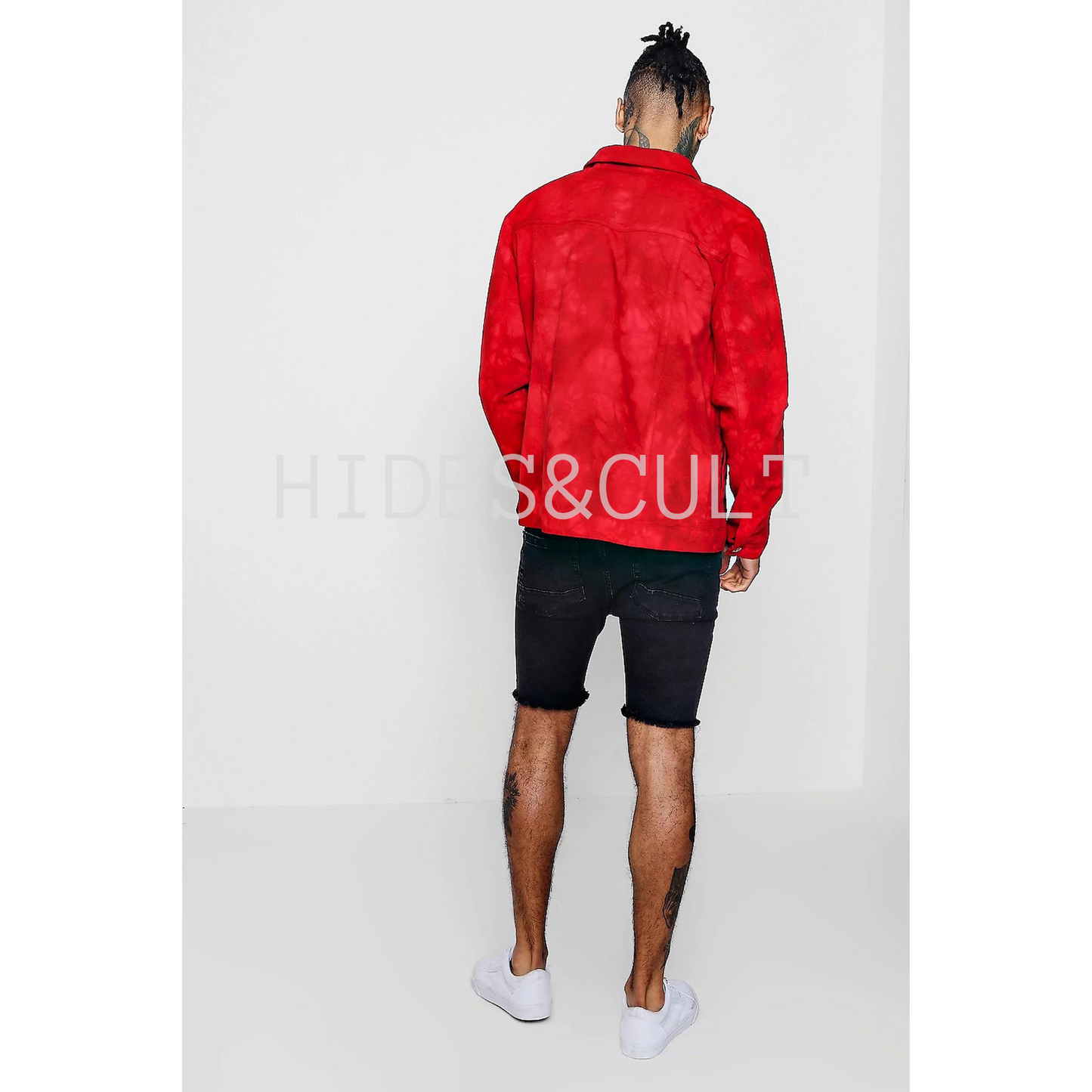 Mens Christmas Red Suede Slim Fit Genuine Leather Trucker Jacket Shirt
