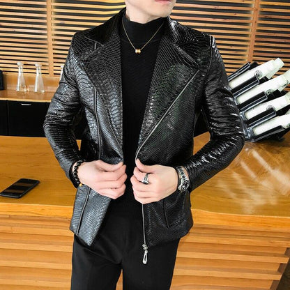 Men's Black Python Embossed Effect Motorcycle Biker Real Leather Jacket