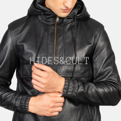 Men's Black Genuine Lambskin Leather Hooded Pullover Jacket