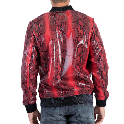 Men's Red Snake Print Foil Genuine Lambskin Leather Bomber Jacket