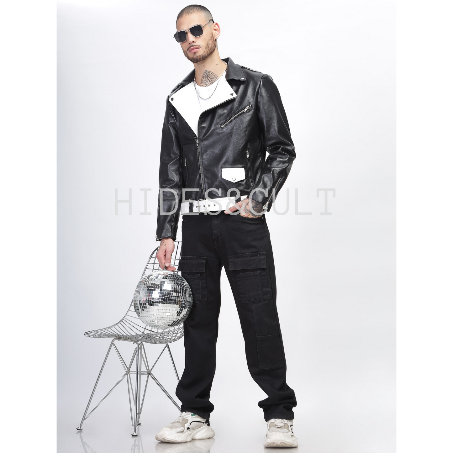 Men's Black - White Two Tone Slim Fit Motorcycle Biker Belted Leather Jacket
