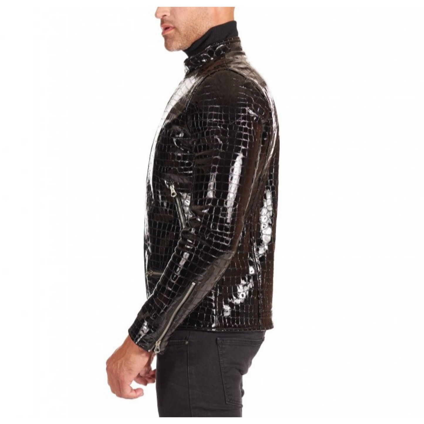 Mens Black Patent Croc Embossed Effect Motorcycle Biker Leather Jacket