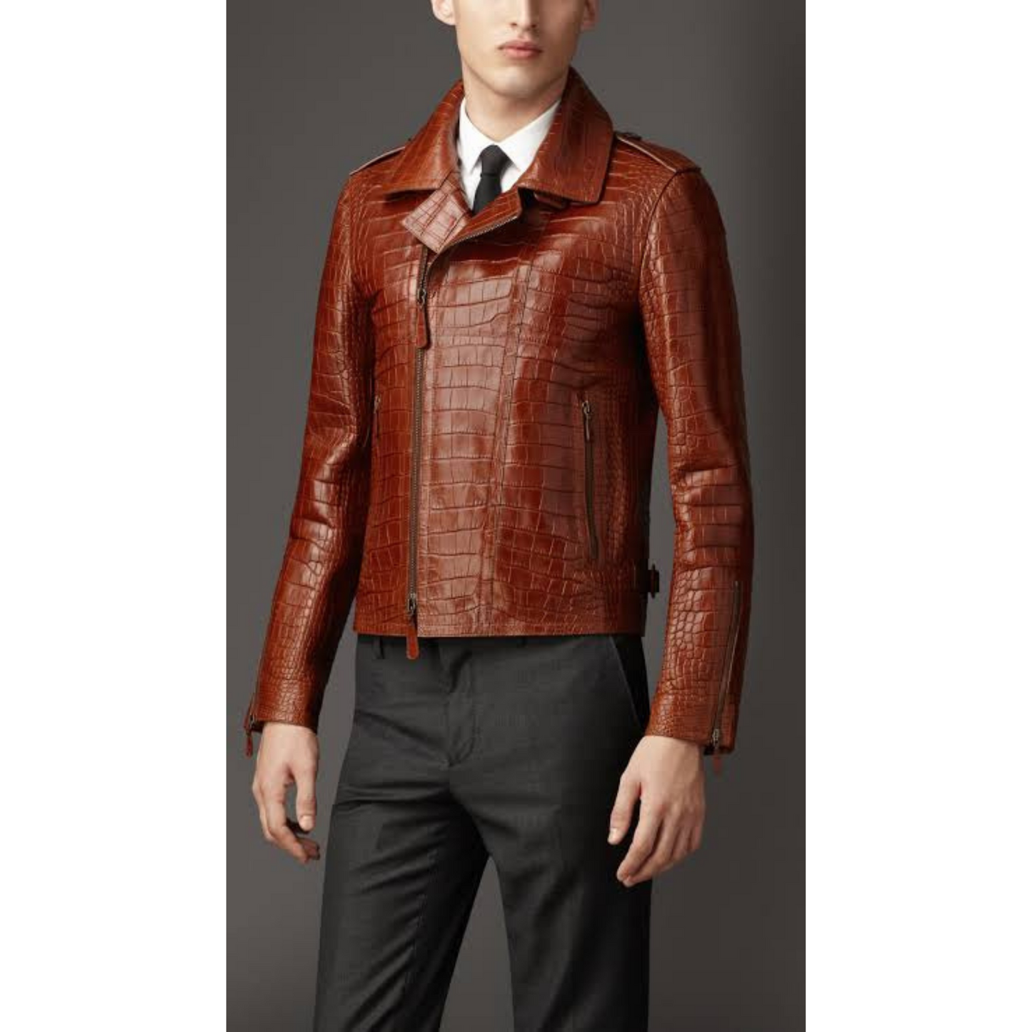 Mens Vintage Tan Brown Croc Embossed Effect Leather Jacket