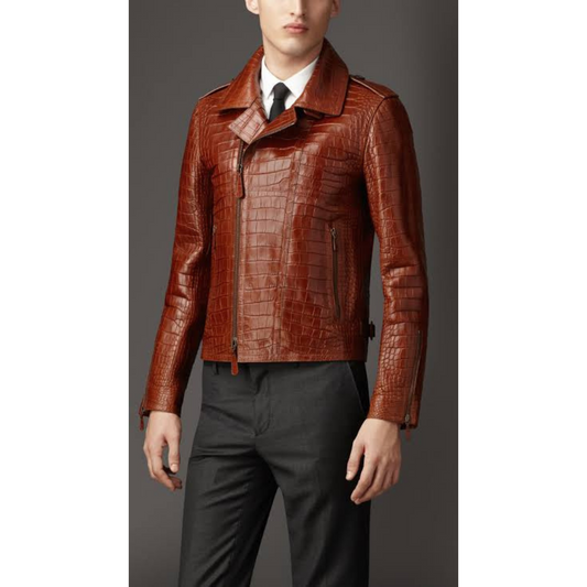 Mens Vintage Tan Brown Croc Embossed Effect Leather Jacket