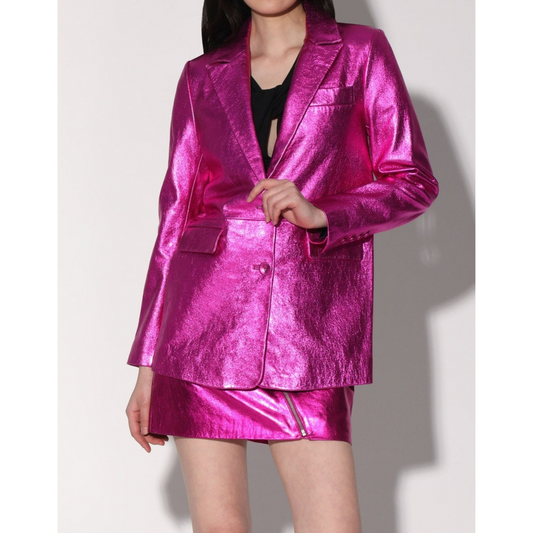 Women's Fuchsia Pink Metallic Foil Leather Blazer
