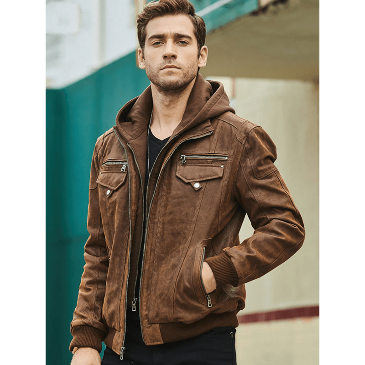Mens Brown Suede Nubuck Bomber Style Motorcycle Leather Jacket with detachable Brown Fleece Hood