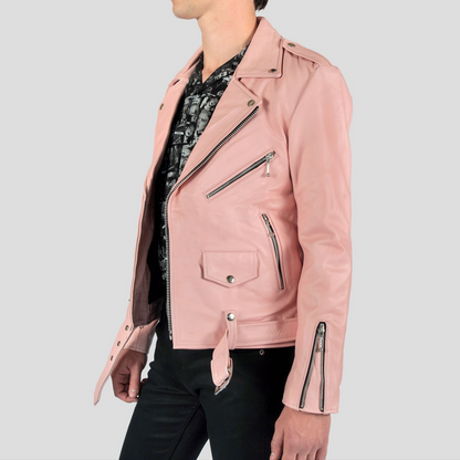 Mens Pink Slim Fit Motorcycle Biker Belted Leather Jacket