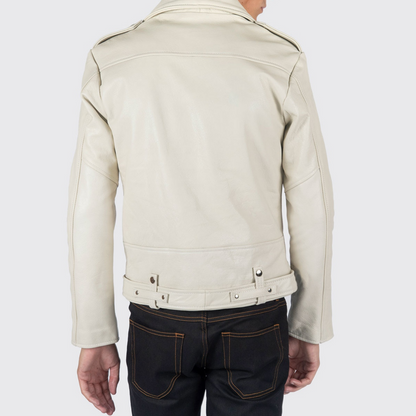 Mens Off-White Slim Fit Motorcycle Biker Belted Leather Jacket