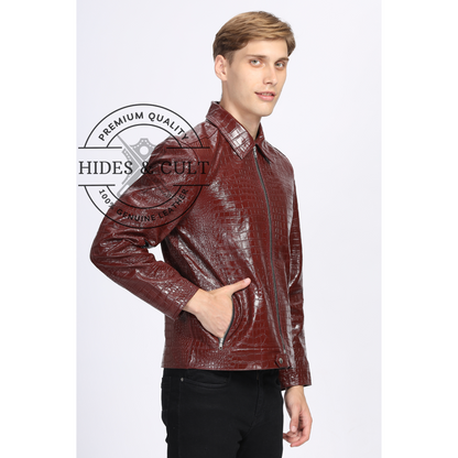 Mens Maroon Croc Detail Leather Jacket