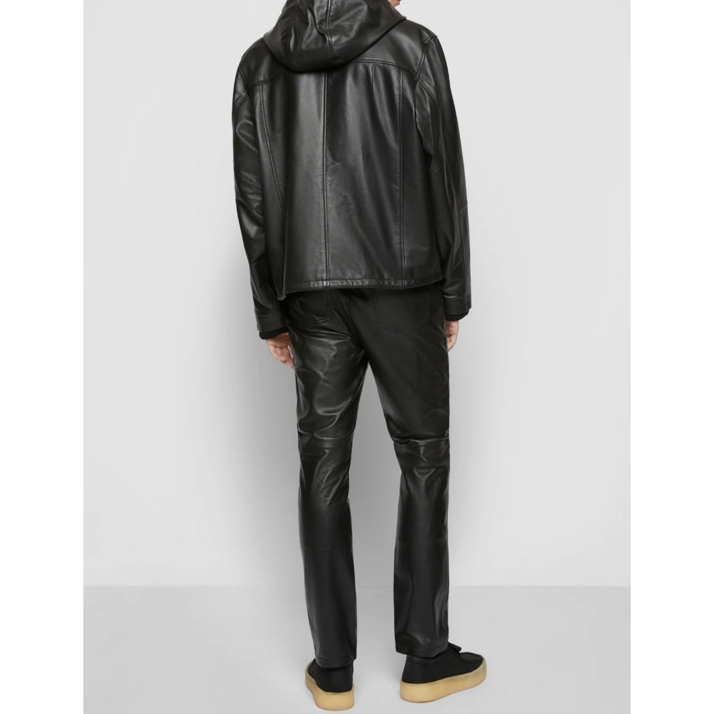 Mens Black Bomber Style Hooded Genuine Leather Sweatshirt