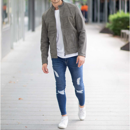 Men's Grey Suede Tailored Genuine Leather Jacket